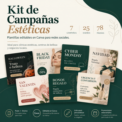 Kit de Campañas Estéticas: 7 campañas, 25 diseños y 78 páginas de plantillas editables en Canva.